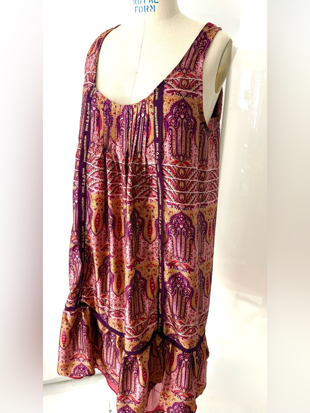Boho Patterned Silky Midi Dress in Pink & Purple